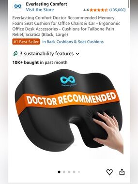 NEW Everlasting Comfort Memory Foam Seat Cushion for Office & Car, Pain relief